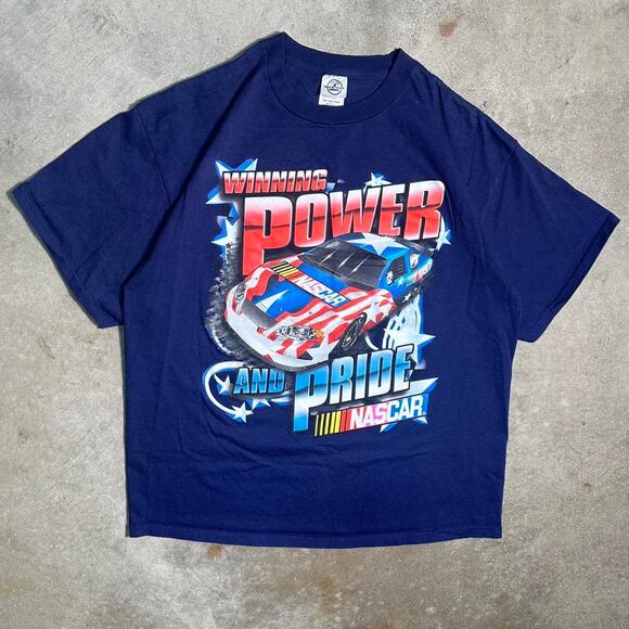 Vintage Y2K NASCAR AOP Tee Mens XL Navy Blue Red Racing All Over Print Shirt - Picture 1 of 4